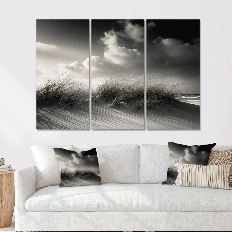 «Black and White Beach Sand Grass Senery - Coastal Beach», ensemble d'art sur toile, H 28 po x l 36 po x P 1 po, Toile tendue