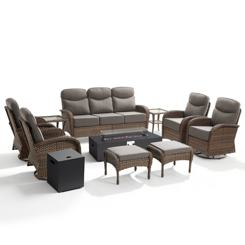 Ensemble de conversation pour 7 à 9 personnes avec conversation en famille avec repose-pieds et foyer d'extérieur, Gris