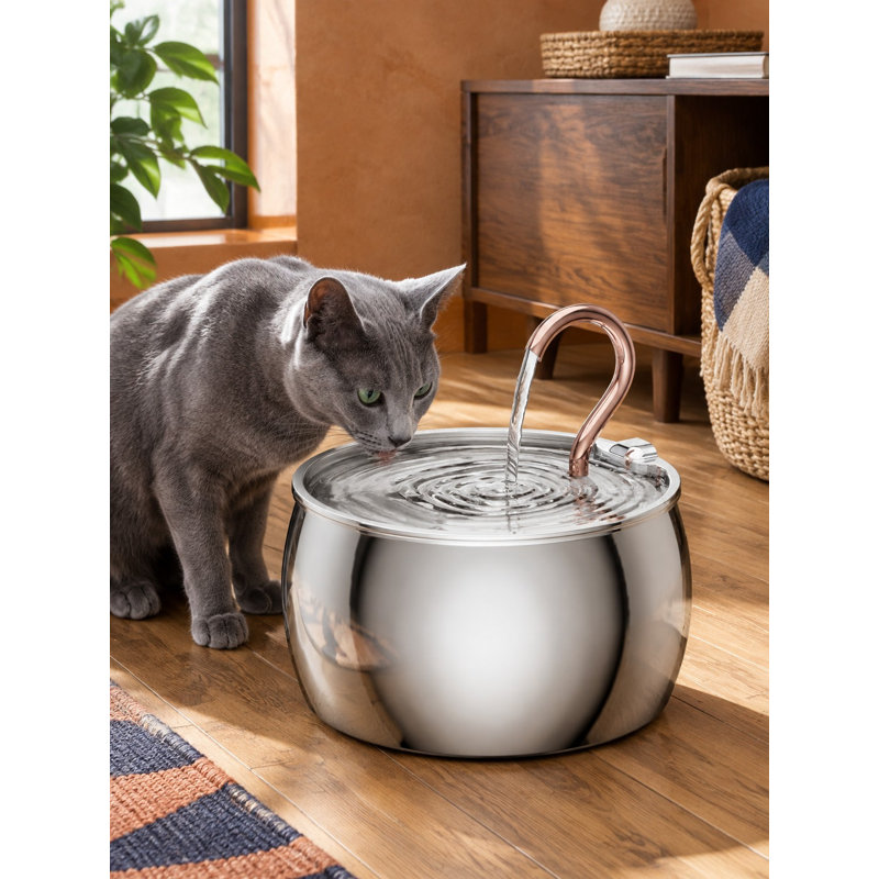 2.5L/84oz Stainless Steel Cat Fountain with a gooseneck spout, quiet operation, and automatic dispensing for indoor cats and other pets.