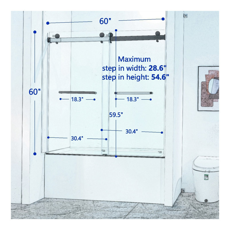 Frameless Double Sliding Tub Shower Door, 304 Stainless Steel in Matte Black, 5/16" (8mm) Thick SGCC Tempered Clear Glass.