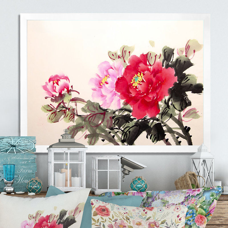 Encre de pivoine chinoise - reproduction sur toile, H 8 po x l 12 po x P 1 po, Toile blanche avec cadre photo