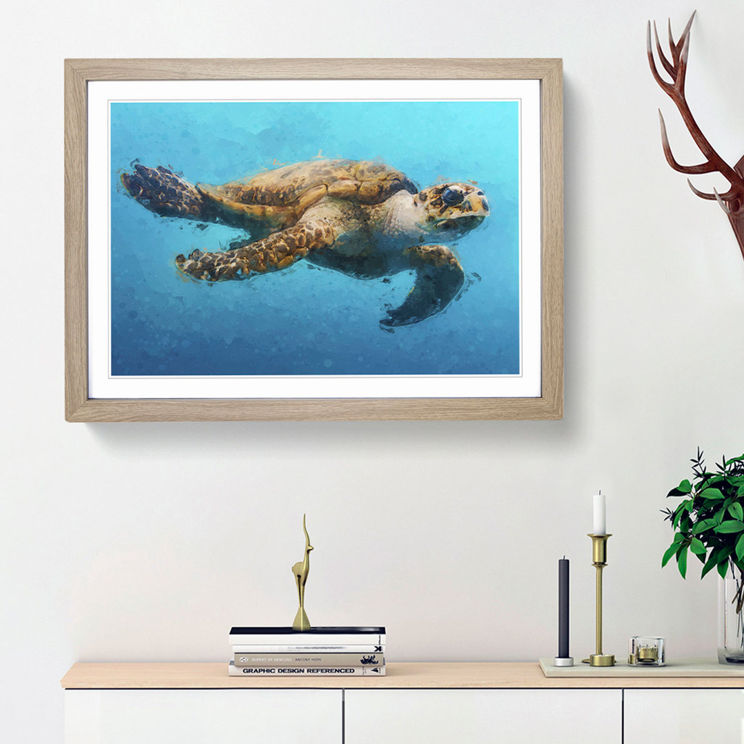 Swimming Sea Turtle in Abstract - Framed Print