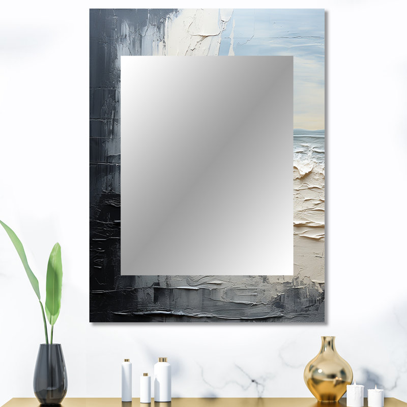 Abstrait crème et noir liquide, peinture II - miroir mural décoratif côtier, grand miroir crème, impression sur métal