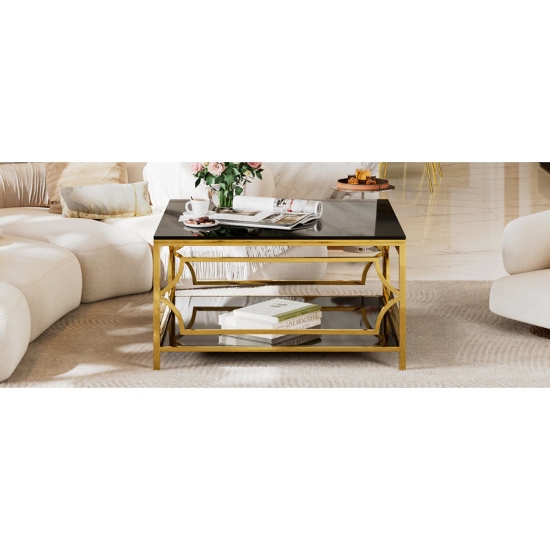 Table basse carrée en verre de 33,5 po, cadre géométrique luxueux, finition dorée et tablette inférieure, Noir