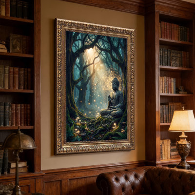 Meditating Buddha Statue in Glowing Sacred Geometry Forest Canvas Wall Art