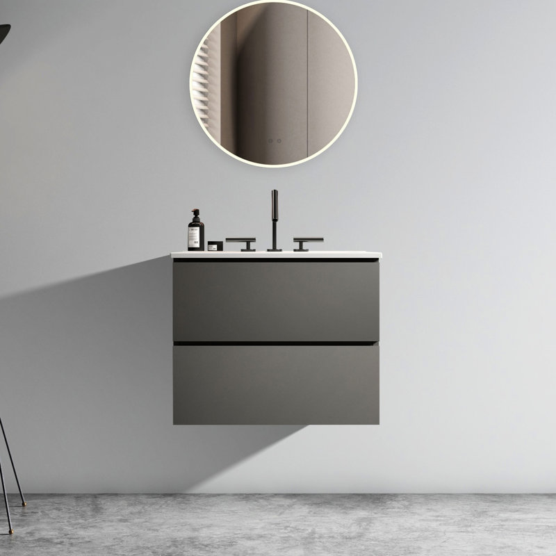 Meuble-lavabo de salle de bain gris sidéral de 24 pouces avec lavabo en céramique et design fonctionnel, trois trous pour robinetterie et préassemblé