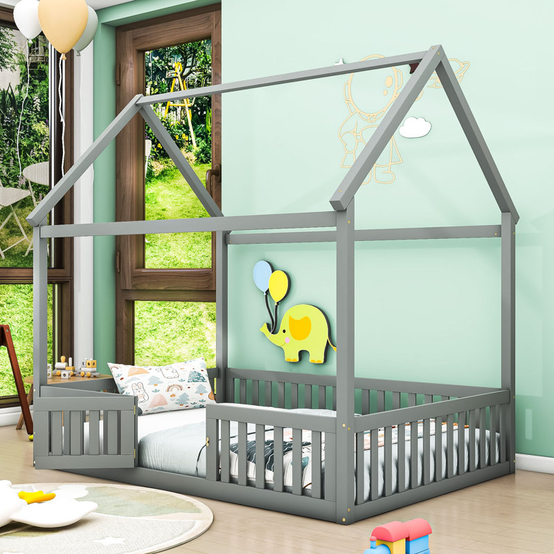 Lit en bois avec clôture et porte en bois, Double, Gris