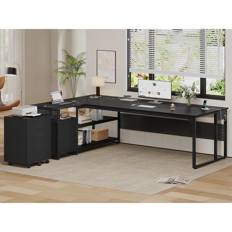 71" L-Shaped Executive Desk with Mobile File Cabinet and Power Outlets, Marble Black