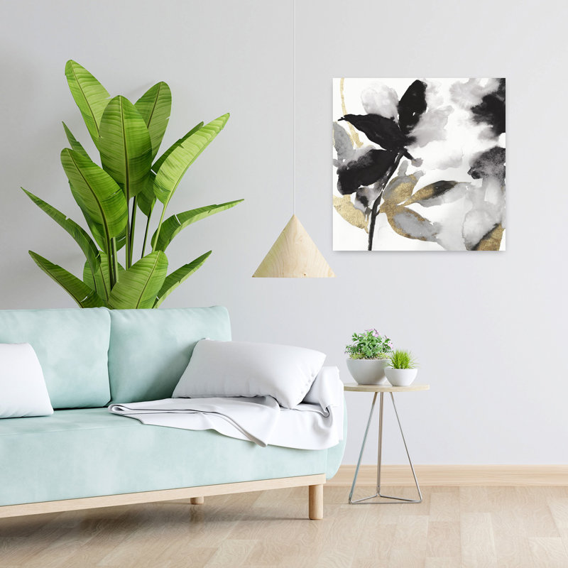Pétales noirs, feuilles dorées, art floral abstrait et minimaliste, H 24 po x l 24 po