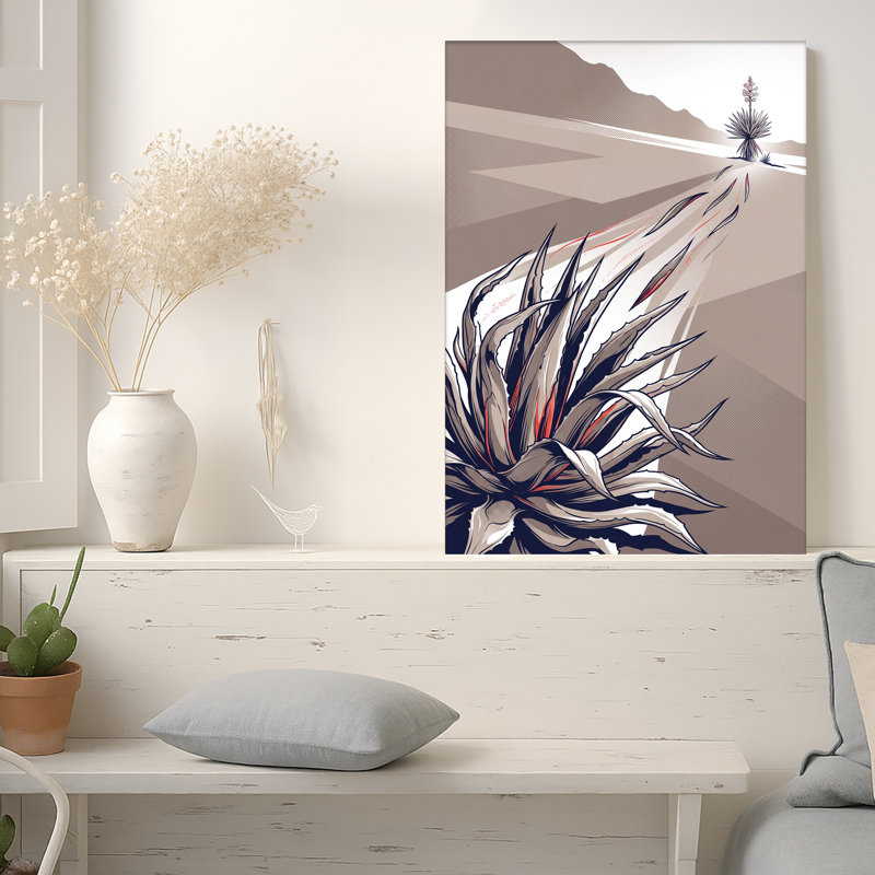 Graphic Style Red and Beige Agave Plant in Desert Mountains Canvas Wall Art, 40"H x 28"W