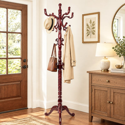 Solid Wood Coat Rack Freestanding, Vintage Carved Wooden Coat Tree with Triangular 3-Leg Base, 72.8" Tall Entryway Hall Tree Stand for Coats, Hats, Bags & Umbrellas