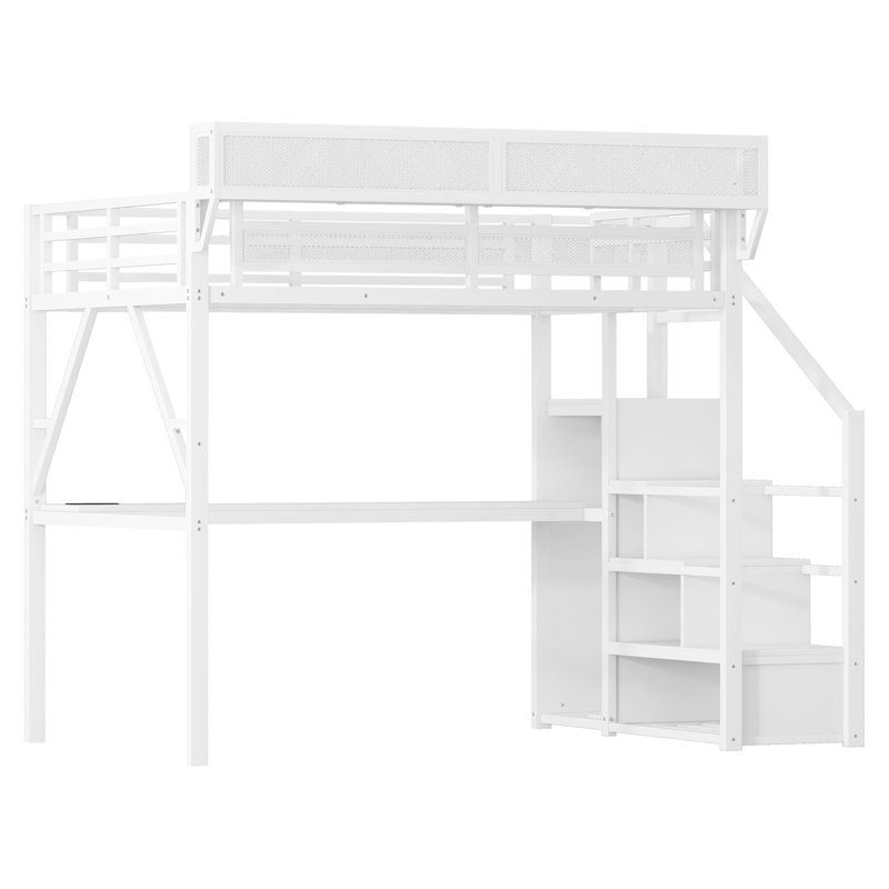 Grand lit mezzanine avec bureau et station de charge, grand lit mezzanine en métal avec escaliers et lumière pour enfants, blanc