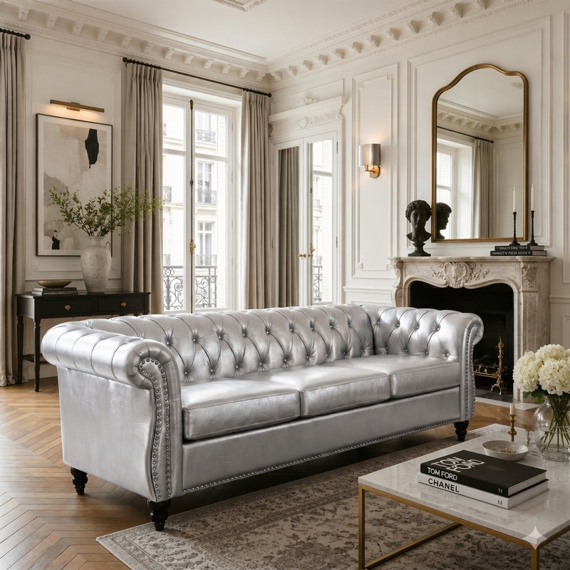 Canapé Chesterfield 3 places Chesterfield, Similicuir argent