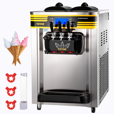 Machine à crème glacée commerciale, rendement 22 à 30 L / H, machine à servir sur le comptoir 2350 W avec 2 x 6 L de trémie, 2 panneaux LCD, alarme de manque à feu, machine à yogourt glacé pour restaurant Snack-bar, argenté
