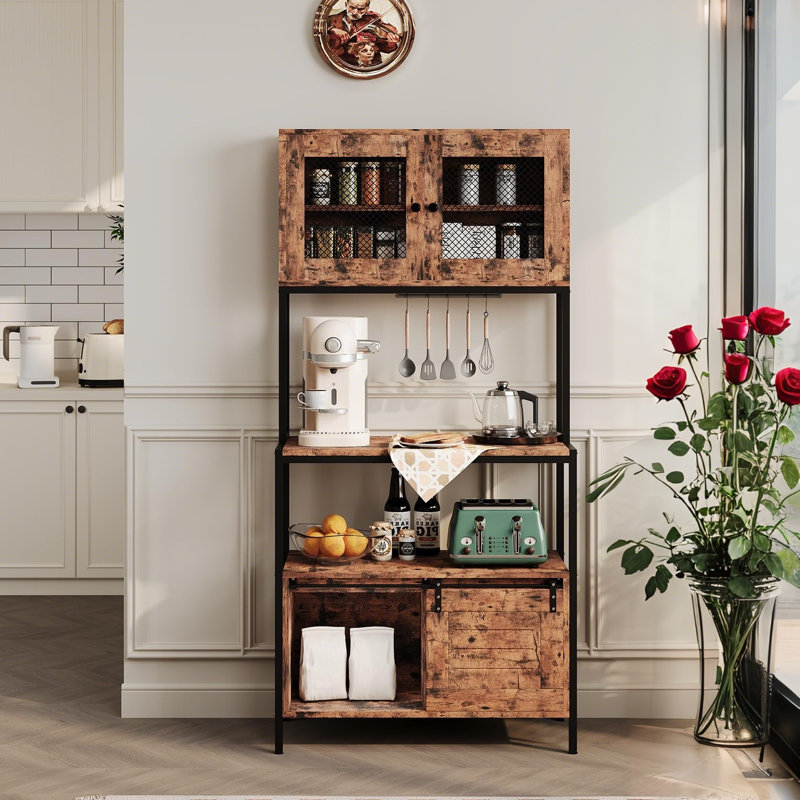 5-Tier Kitchen Bakers Rack with Cabinets & Charging Station, 63" Industrial Microwave Stand