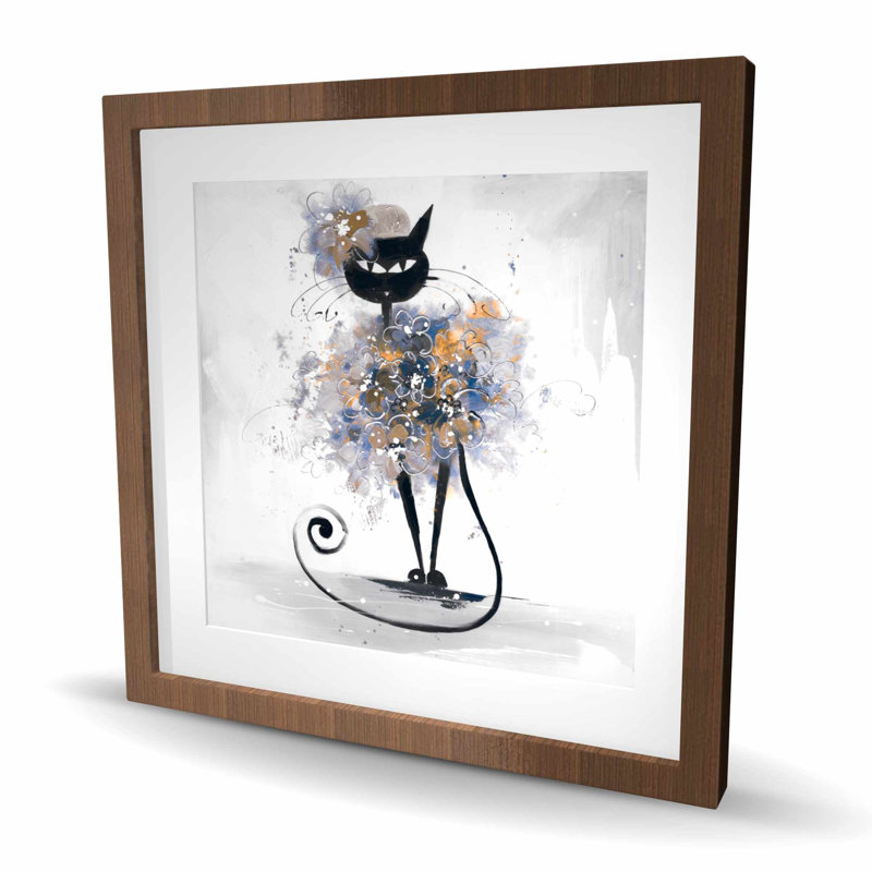 Caricature de chat noir - impression contemporaine bleue encadrée pour la décoration