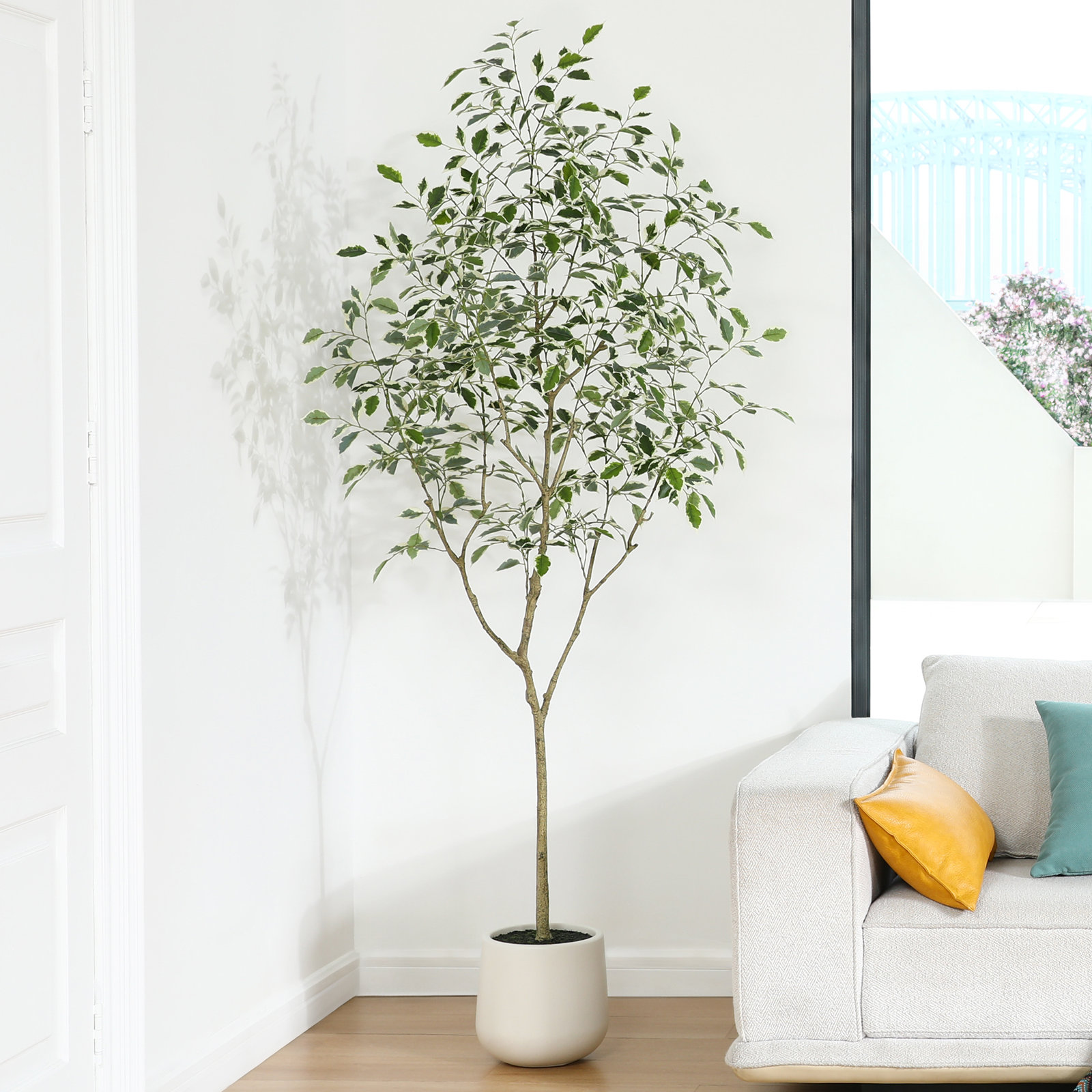 Adagio Faux Ficus Tree with Oval White Planter, Pre Potted Faux Greenry Plant with white side leaves, 84" H x 28" W x 28" D