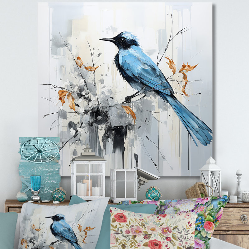 Oiseau bleu fleurs minimalisme sur toile, H 24 po x l 24 po x P 1 po
