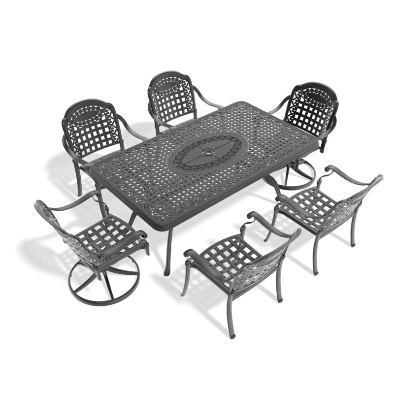 Ensemble de salle à manger 7 pièces en fonte d'aluminium toutes saisons comprenant 2 chaises pivotantes, 4 chaises et une table rectangulaire avec cadre noir