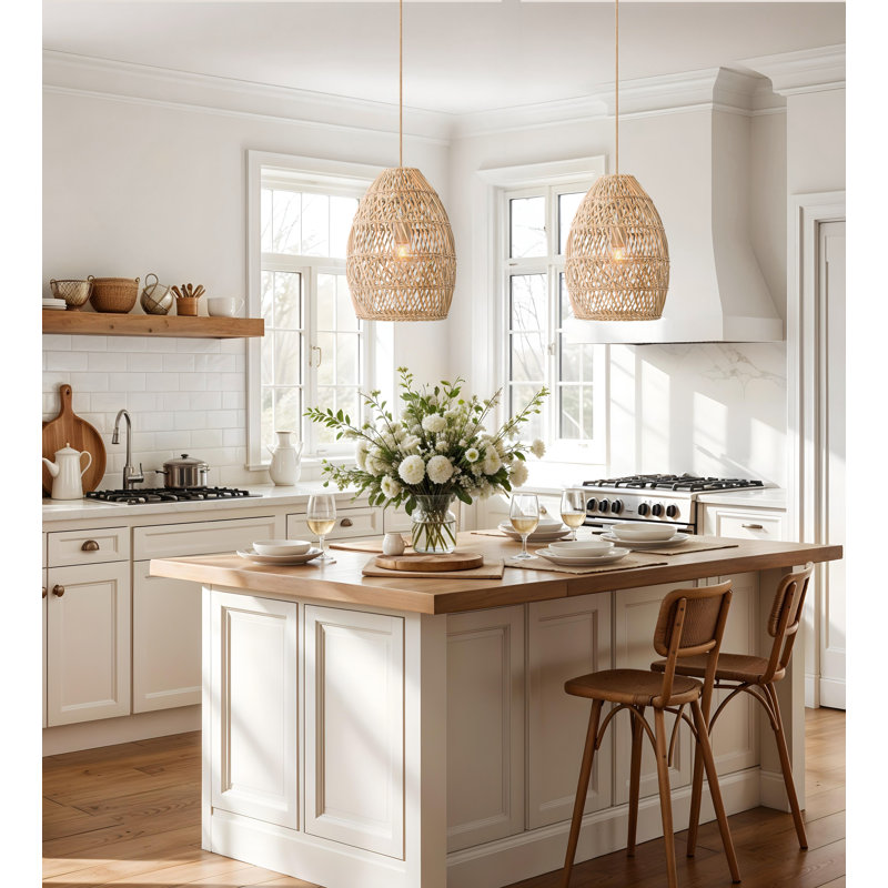 Callie Rattan Pendant Light - Natural Bell 1-Light Polished Handwoven Adjustable Hanging Light For Kitchen Island, Kitchen, Dining Room, Living Room, Bedroom or Hallway in Modern Farmhouse, Farmhouse & Boho Style
