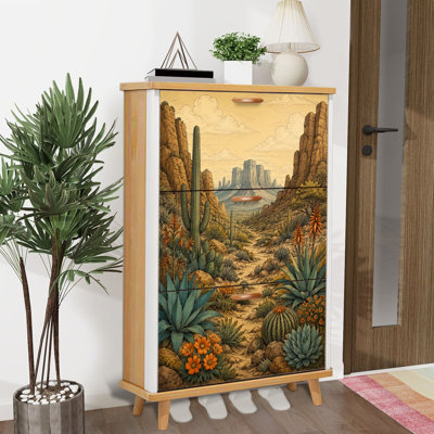Shoe Storage Cabinet with 3 Flip Drawers for Desert Landscape Cacti Agave Plants Orange Flowers Shoe Rack Storage Organizer