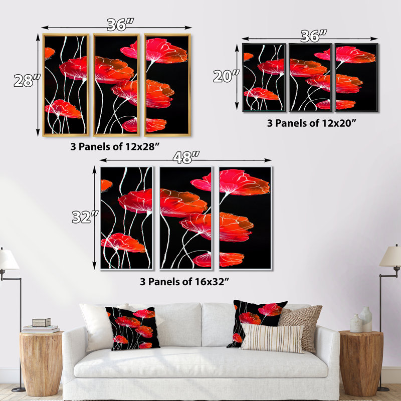 «Abstract Red Flower Détail On Black II», 3 pièces sur toile, H 32 po x l 48 po, Or
