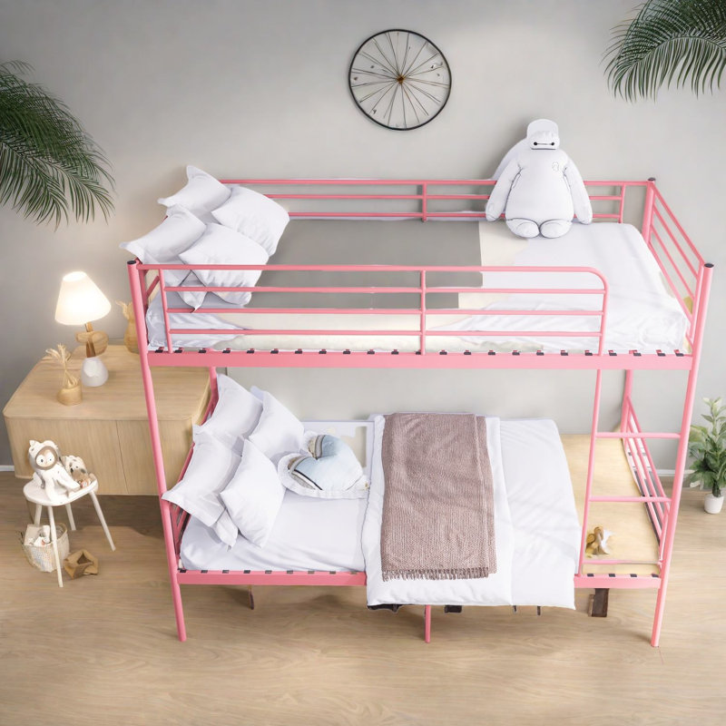 Lits superposés en métal avec rangement, design moderne rose