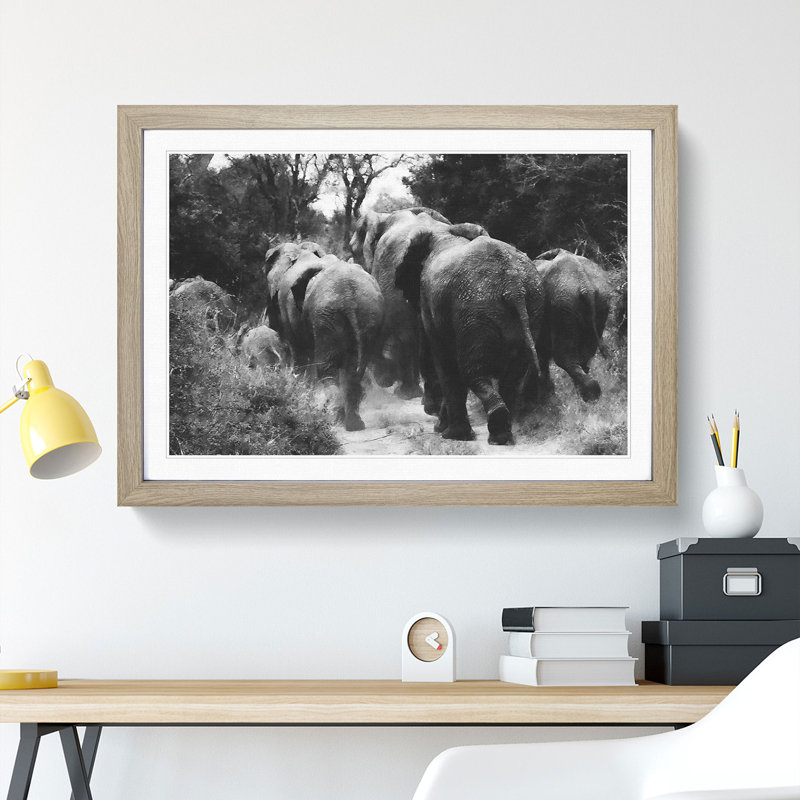 Herd of Elephants - Framed Print, 48cm H x 65cm W x 2cm D, Oak Framed