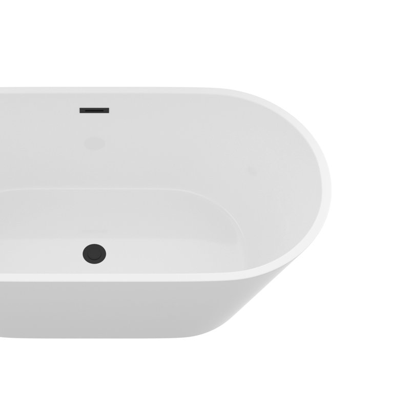 Baignoire autoportante 59 po en acrylique, baignoire autonome, fini blanc brillant, trop-plein noir et bonde escamotable