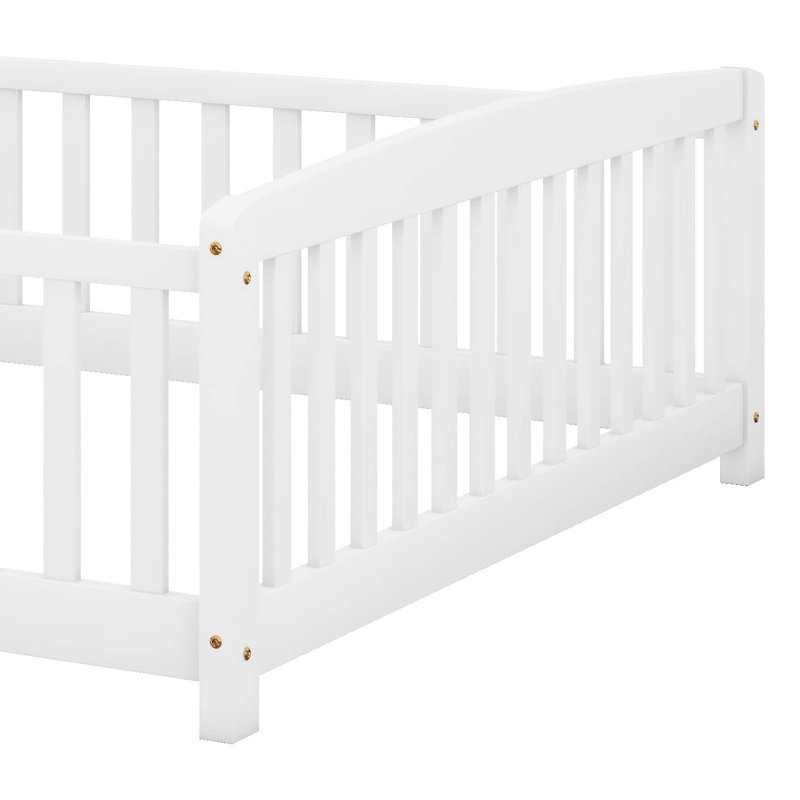 Lit sur pied avec entrée centrale, structure Montessori en bois de pin avec garde-corps, lit plateforme à profil bas, Blanc