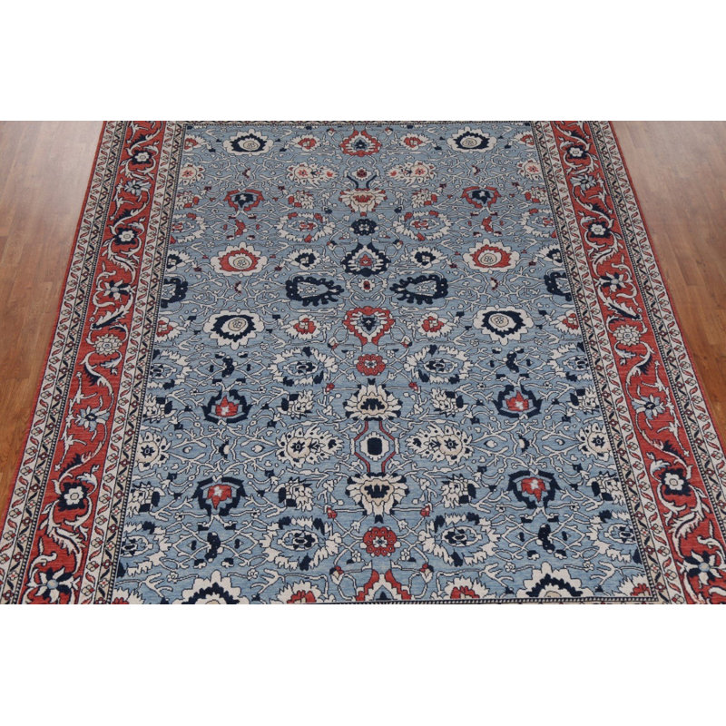 Tapis beige / ivoire / bleu en laine noué à la main de conception unique 9 pi x 11 pi 9 po