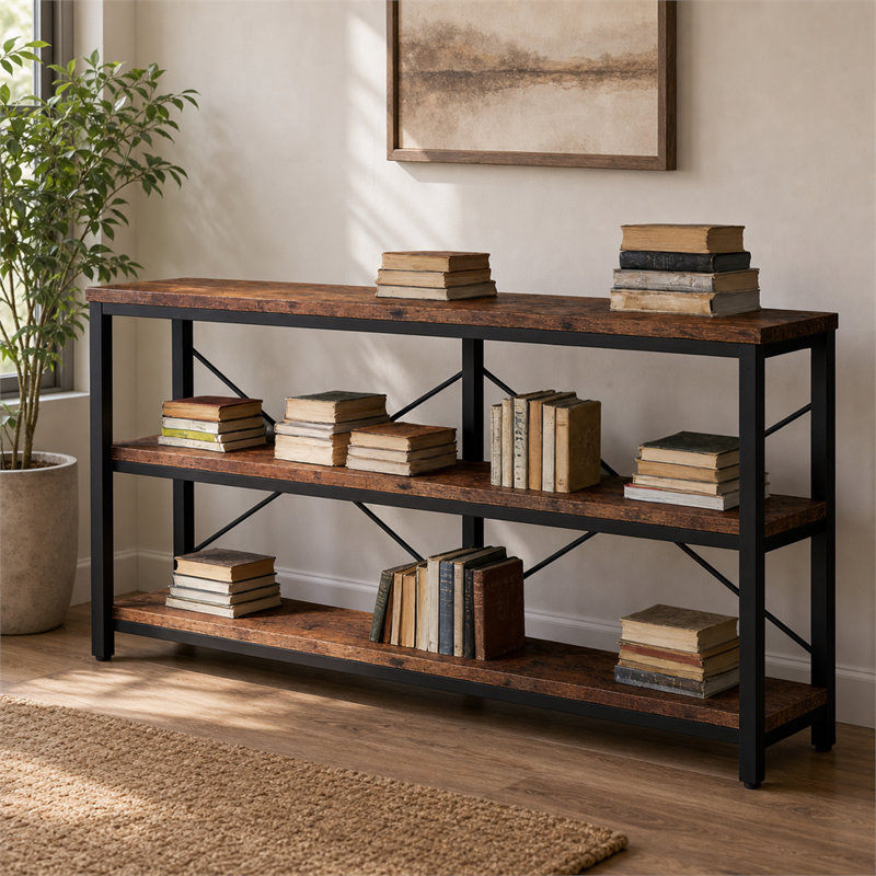 Console très longue à 3 niveaux avec tablettes de rangement ouvertes et structure en métal facile à assembler pour le vestibule du salon et derrière le canapé