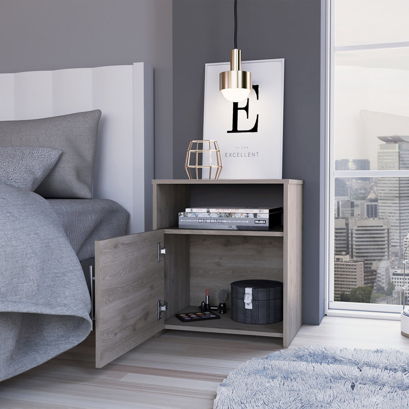 Omaha Nightstand, Single Door Cabinet, Metal Handle, One Shelf, Bedroom, Gray