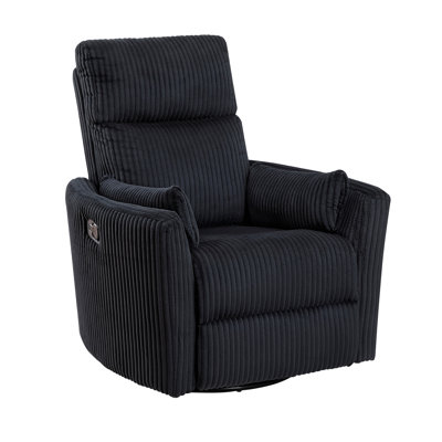 Swivel Glider Reclining Chair In Black Corduroy, Solid Wood And Plywood Construction, 360 - Degree Rotation, Gliding Reclining, 2 Lumbar Pillows For Home Decor Corduroy Fabric Upholstery Accent With