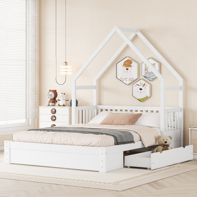  Grand lit plateforme avec garde-corps et deux compartiments spacieux sous le lit, blanc, Blanc