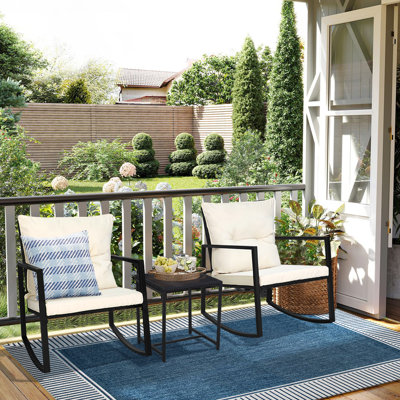 2 - Person Outdoor Dining Set, 3-Piece Outdoor Rattan Rocking Bistro Set with Cushions and Glass Coffee Table
