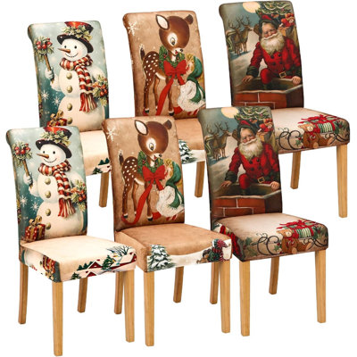 6 housses de chaise de salle à manger de Noël extensibles et amovibles avec housse de chaise de Noël élan et bonhomme de neige protecteur de chaise de Noël pour la fête de Noël