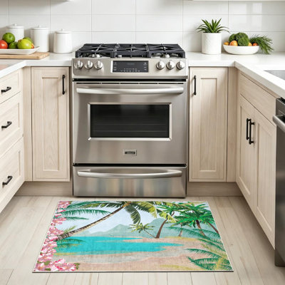 Blue Machine Washable,Tropical Exotic Summer Beach Palm Trees Beautiful Beauty Coast Indoor Area Rug