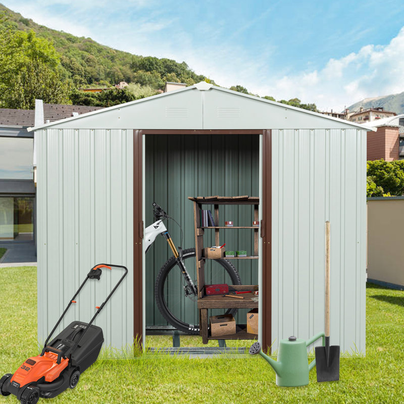 Remise de rangement blanche en métal 8 pi x 4 pi avec structure et gants de cadre de tablette, Blanc