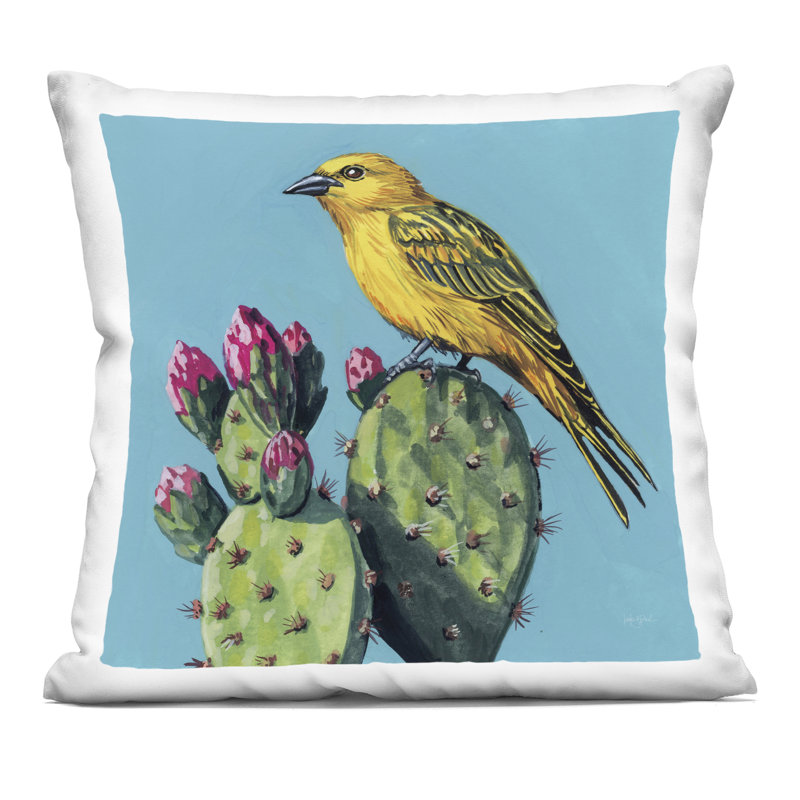 Coussin décoratif imprimé oiseau jaune sur cactus Bloom, design par Kate Jarvik Birch, 18 x 7 x 18, Merle bleu