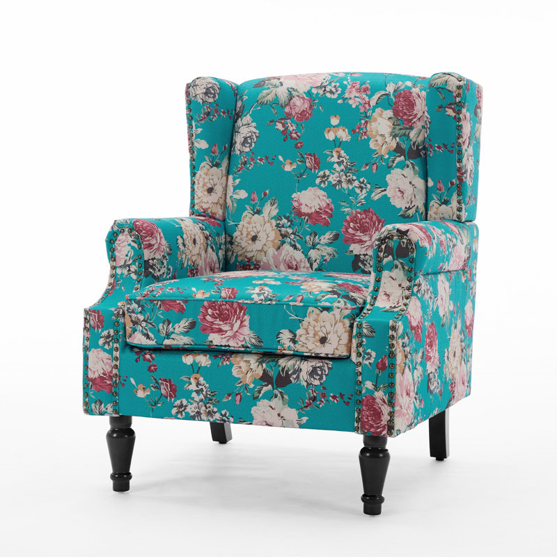 Duward Peacock Blue Floral Upholstered Wingback Accent Chair with Nailhead Trim, Peacock Blue 