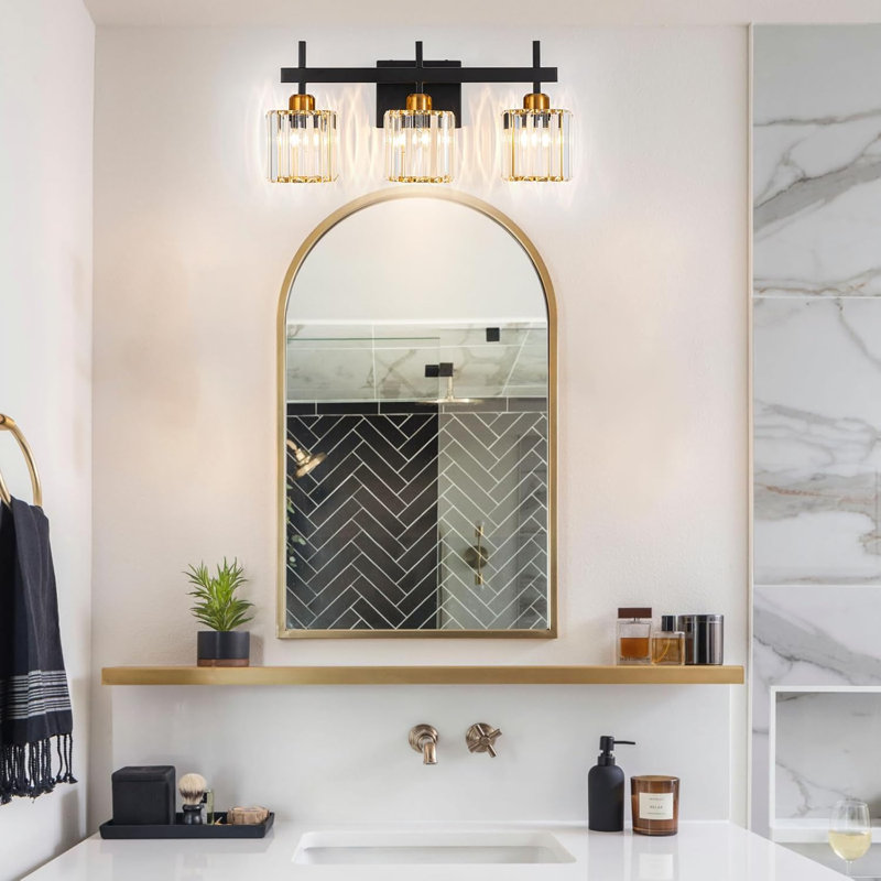 Luminaire de meuble-lavabo moderne en cristal avec 3 lumières, finition or noir, design élégant, compatible avec douille E26, installation facile, option à intensité variable