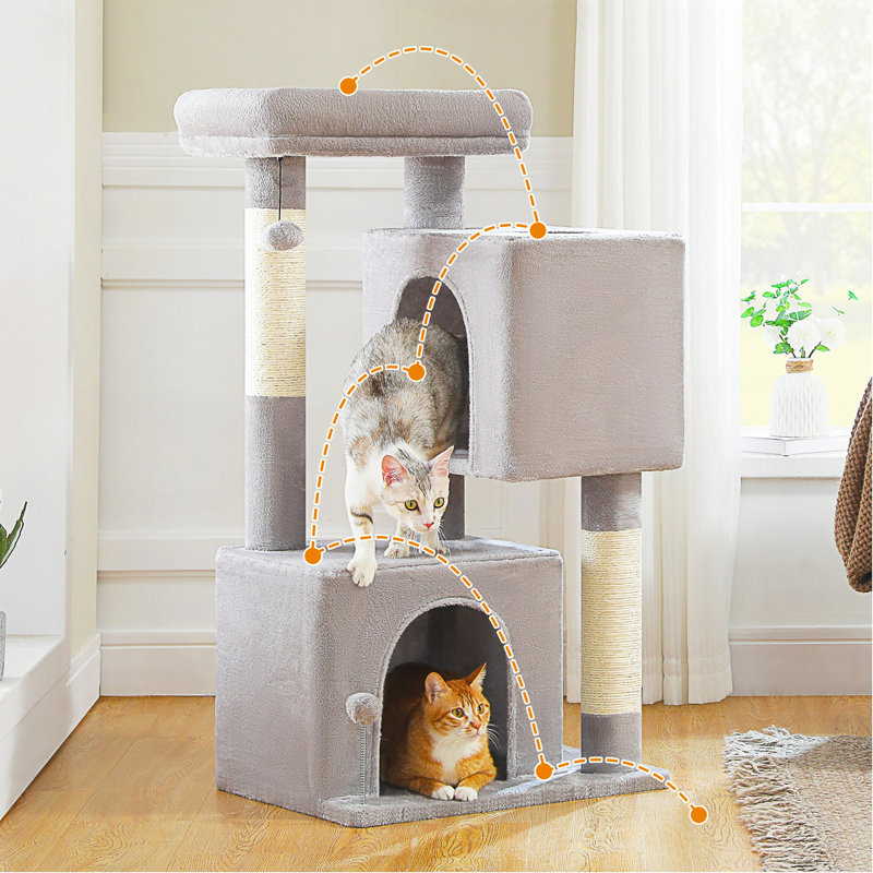 Arbre à chat L 43,3 po pour chat de taille moyenne à plus de 20 lb, 2 grottes spacieuses avec grattoir épaissi de 3,4 po, grand perchoir supérieur, 2 jouets interactifs