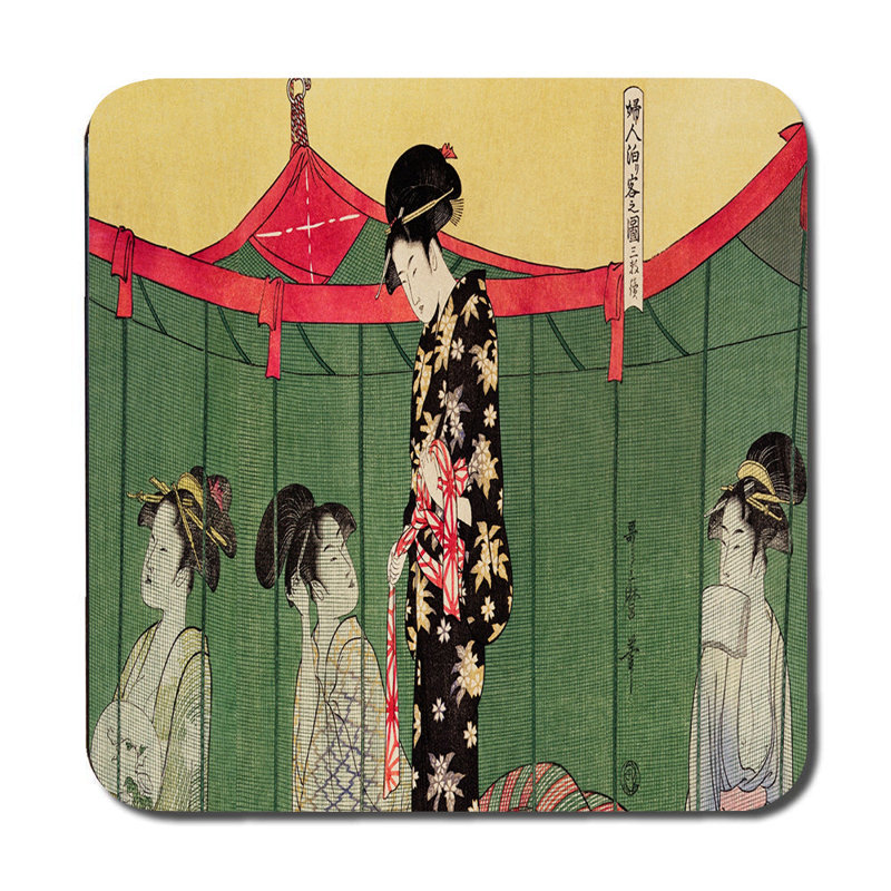 Japanese Ukiyoe Style Placemat and Coaster Set With Geisha in Kimono