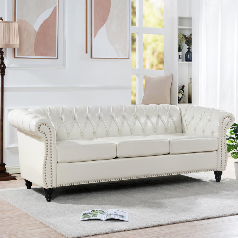 Accoudoirs roulés blancs, longueur 82,18 po, 3 places, revêtement en cuir Pu, rembourrage en mousse, structure en bois massif avec contreplaqué, canapé à 3 pieds en bouleau, extérieur, boucles à tirage profond décalées, uniformément supportées, couche de peinture