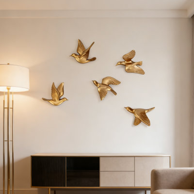 Ensemble de 5 décorations murales oiseaux volants dorés - Sculptures murales d'oiseaux en vinyle 3D pour salon et chambre à coucher modernes