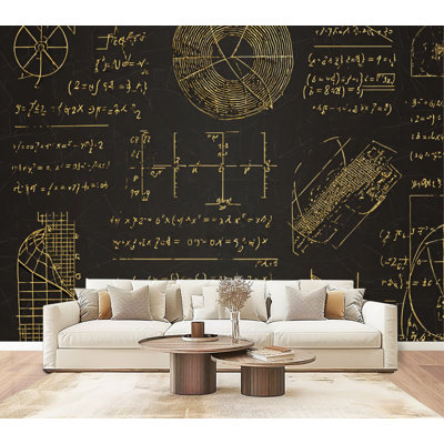 Peel and Stick Wallpaper Mathematical Equations Geometric Diagrams Dark Golden Chalk Style Wall Murals 69"H x 96"W Removable PVC Wall Paper Self-Adhesive Wall Decor for Boys Men Bedroom Living Room Home Office