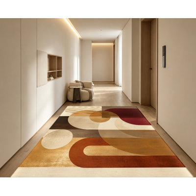 Velvet Surface Non‑Slip Area Rug, Earth‑Tone Curved Shapes Abstract Geometric Design, Decorative Floor Carpet, Modern Indoor Home Decor for Living Room, Bedroom, Dining, Office, Apartment