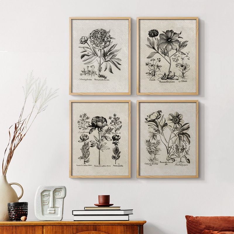 «Vintage Floral Print», impression encadrée - ensemble de 4
