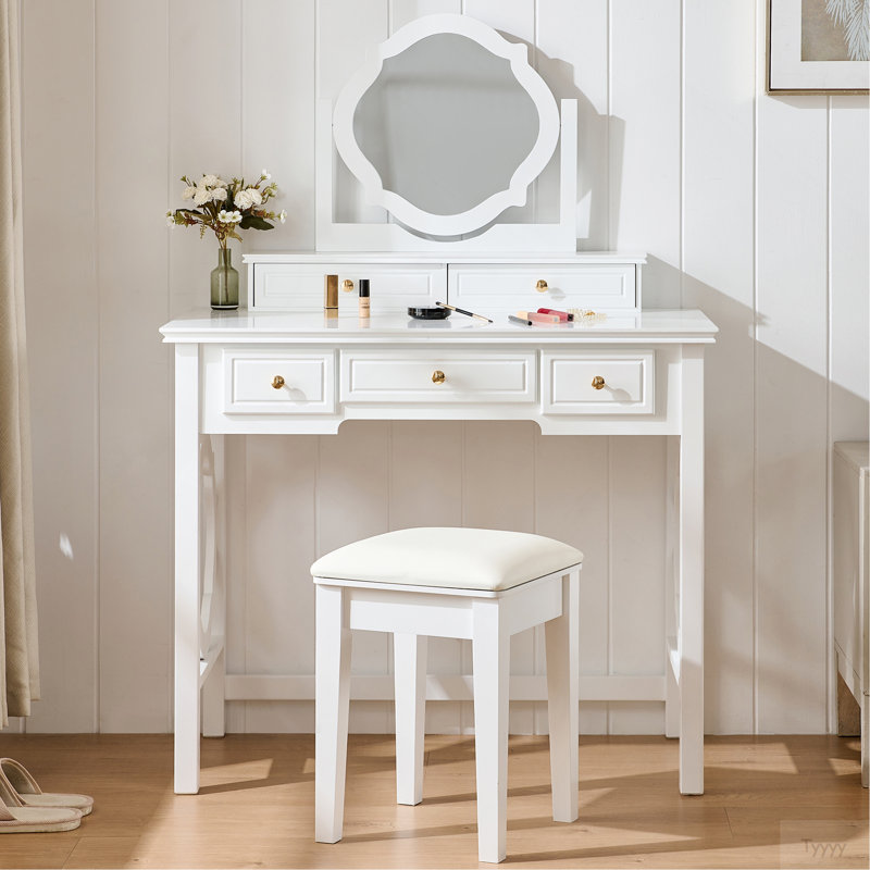 Coiffeuse compacte avec miroir réversible, coiffeuse avec tabouret, coiffeuse compacte pour petits espaces, blanc